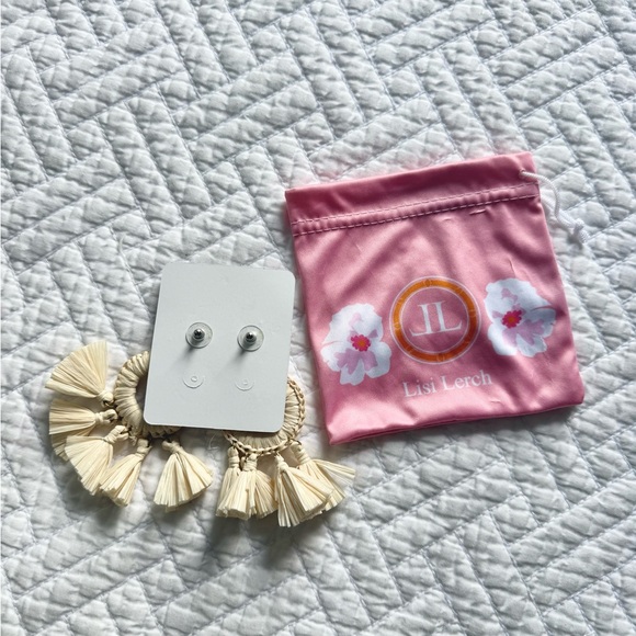 Lisi Lerch Cream Raffia Tassel Fringe Hoop Earrings| Natural Straw NWT - Picture 4 of 5